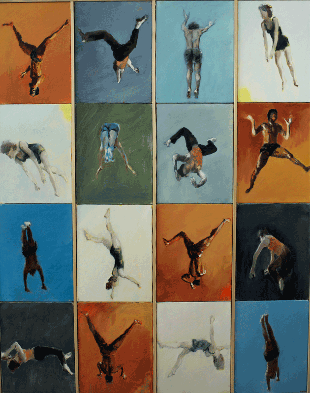 Painting of breakdancer, diving man, spinning woman and contemporary dancer